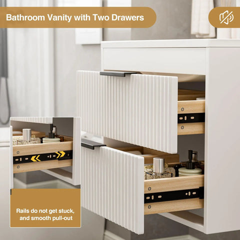 No Fuss 24 Inch Wall Mount Bathroom Vanity With Durable Resin Sink And Deep Twin Drawers, Smooth White MDF Floating Cabinet Featuring Matte Black Handles For A Clean Straight Up Modern Refresh, showing open drawers.