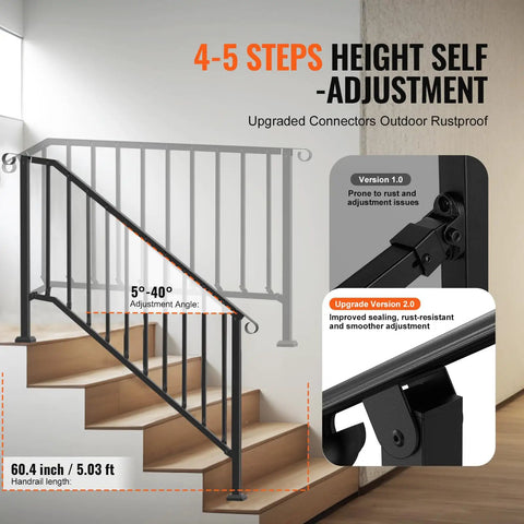 Outdoor 5 Step Stair Hand Rail Kit In Black With Installation Kit Carbon Steel Railings For Concrete Steps Porch