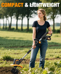 Woman using Upgraded Cordless Garden Tiller With Dual 2.0Ah Batteries in a field, showing its lightweight design.