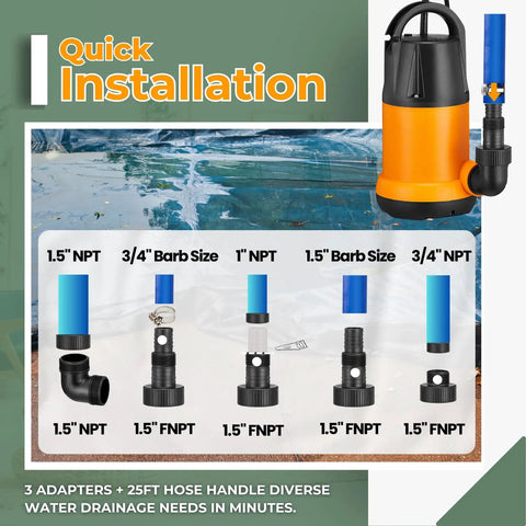 Hella Strong Submersible Sump Pump And Portable Utility Water Transfer Setup With 25 Foot Hose and adapters for quick installation.