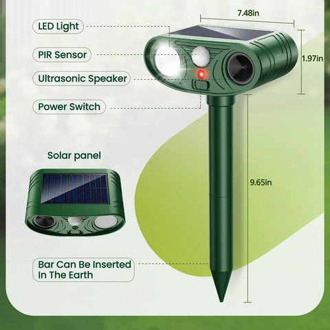 Solar Ultrasonic Animal Repeller With Motion Sensor Light For Yard Garden Lawn, Deterrent For Deer Squirrels Cats Raccoons Rabbits And Dogs, Easy Setup Eco Friendly Power 110 Degree Infrared Sensor 25 To 30 Ft Range, 9.65in stake