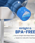 Close-up of a water jug with a blue cap, featuring 'Ten Pack USA Made Water Jug Caps For 2 3 5 And 6 Gallon Jugs Spill Proof Replacement Lids.'