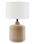 27 Inch Tall Rattan Table Lamp With White Fabric Drum Shade, Black Rattan Finish, front view on white background