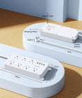 Game Changer Surge Protector Power Strip with 10 foot extension cord and 7 outlets, shown with rubber feet and hanging holes.