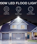Beast 200W LED Flood Light Twin Pack With Plug illuminating a house exterior with 17500 lumen brightness at 120-degree angle