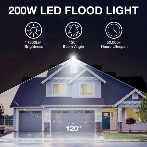 Beast 200W LED Flood Light Twin Pack With Plug illuminating a house exterior with 17500 lumen brightness at 120-degree angle