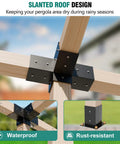 Slanted Pergola Brackets Kit for Outdoor Wood Beams showcasing waterproof and rust-resistant features