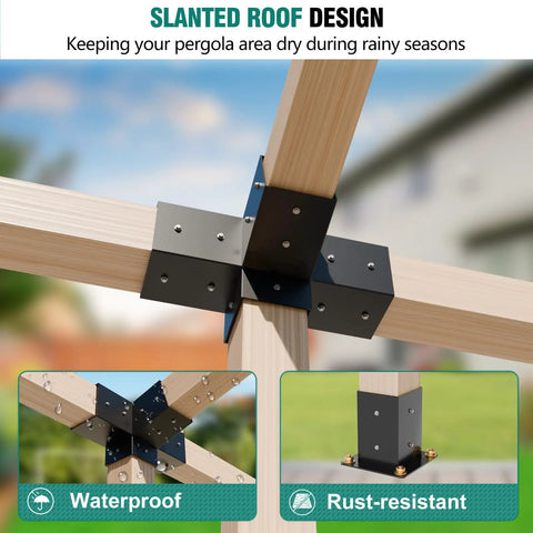 Slanted Pergola Brackets Kit for Outdoor Wood Beams showcasing waterproof and rust-resistant features