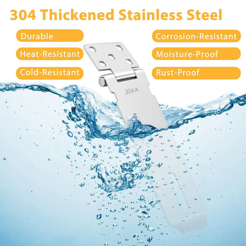 Image of 304 stainless steel door hasp submerged in water, showcasing corrosion and rust resistance. Part of 2 Pack 5 Inch Stainless Steel Door Hasps And Latches With Extra Thick Hinge Locks Brushed Finish For Gate Cabinet Closet And Shed Includes Screws Durable Rustproof Corrosion Resistant 304 Stainless Steel.