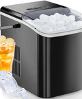 OLIXIS black countertop ice maker with clear ice bin and side handle, ice scoop and glass with drink