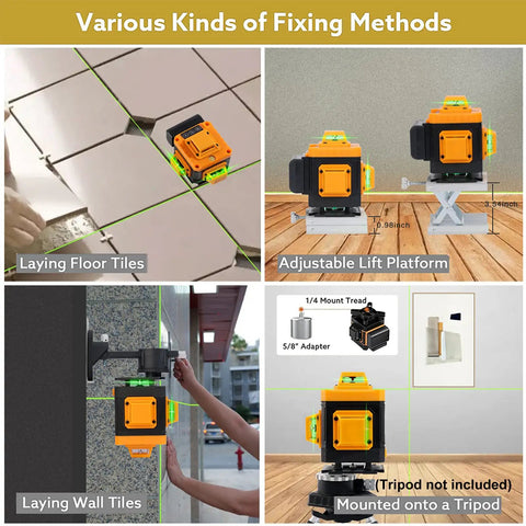 4D Self Leveling Laser Level With Bright Green Cross Line, 360 Degree Rotating Base, Auto Level Alerts on tile and wall alignment