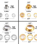 Metal grommets with washers in gold and silver, sizes 1/4 inch, 3/16 inch, 2/5 inch, 1/2 inch, for fabric and leather crafts