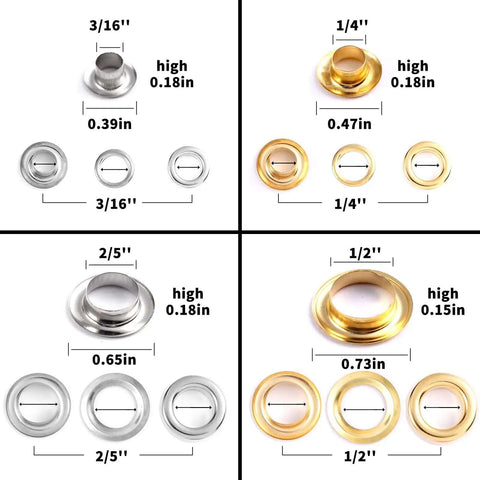 Metal grommets with washers in gold and silver, sizes 1/4 inch, 3/16 inch, 2/5 inch, 1/2 inch, for fabric and leather crafts