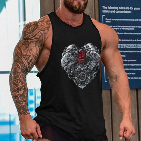 Mens Graphic Tank Top Featuring A Dope Heart Shaped Car Engine Print Breathable Cotton Sleeveless Shirt Made For Gearheads Who Want To Look Fresh Hella Comfy Full Cover Fit 5XL on a muscular model.