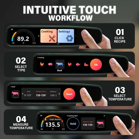 Intuitive touch workflow on Instant Read Meat Thermometer With 3.8 Inch HD Touchscreen And Temp OS, Pro Kitchen Tool for BBQs