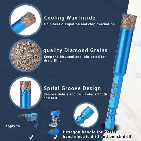 Diamond drill bits set, 10pc tile hole saws with 1/4 hex shank, sizes 3/16–1/2 in (x2), side view of blue bit, Amazon