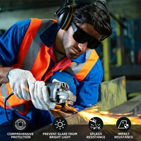 Worker using Shade5 Welding Goggles OTG Over Glasses With UV Block Swap Lenses, 1.5 Pack Includes Five Safety Glasses
