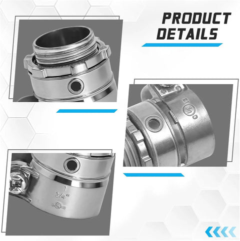 Close-up of 20 Pack Squeeze Connector Conduit Fittings Three Quarter Inch Flexible Metal Conduit Kit showing zinc alloy construction