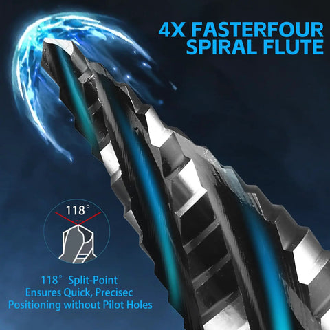 Close-up of 4X faster spiral flute step drill bit showing 118° split-point with Step Drill Bit Set For Metal And More features.