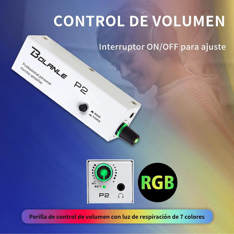 P2 Portable In Ear Monitor Amplifier With XLR TRS Input And Stereo Mono Switch For Keyboardists Drummers Guitarists And Bass Players High Fidelity Personal Stage Monitor showing volume control and RGB light