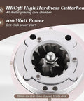 Single Dose Burr Coffee Mill With Anti Static Build And Magnetic Catch Cup showing HRC58 cutterhead and 38mm blade disk.