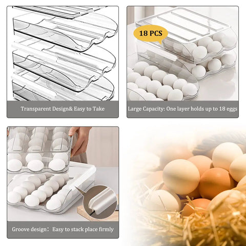 Auto Rolling Egg Storage Bin For Refrigerator, 36 Egg Capacity, shown with clear plastic design and eggs on two layers.