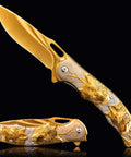 Titanium Plated Wolf 3D Relief Handle Folding Pocket Knife With Dope 440 Steel Blade, 3.6 Inch EDC Knife, Gold Finish