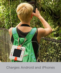 Person outdoors with backpack and Two In One Solar Camping Lantern And Phone Charger For Trail Ready Outdoor Adventures Inflatable LED Light
