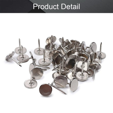 Rugged 50 Piece Silver Upholstery Nail Caps For Couches And Headboards Quick Snap Fit Flat Trim Decorative Hardware in detail view.