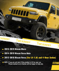 Yellow off-road vehicle on rocky terrain with Tucarest branding and fitment information for Nissan Micra, Versa Note, and Versa.