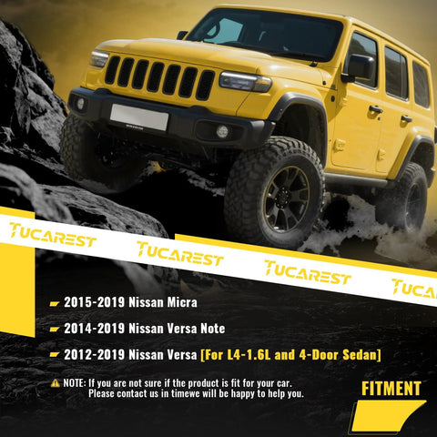 Yellow off-road vehicle on rocky terrain with Tucarest branding and fitment information for Nissan Micra, Versa Note, and Versa.