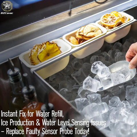 Commercial ice maker with Water Level Sensor Probe Kit Replacement 000016053 for refilling issues, ice scoop in use.