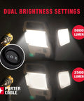 Dual brightness settings of Heavy Duty 50W LED Work Light with 5000 and 2500 lumen modes displayed.