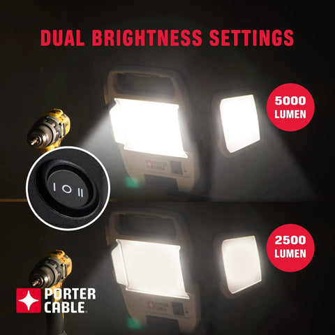 Dual brightness settings of Heavy Duty 50W LED Work Light with 5000 and 2500 lumen modes displayed.