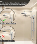 Installation diagram for Dope Spa Like Rain Shower Kit With Handheld 12 Inch Square Rain Head With 14 Inch Extension Arm, showing correct and incorrect installation heights.