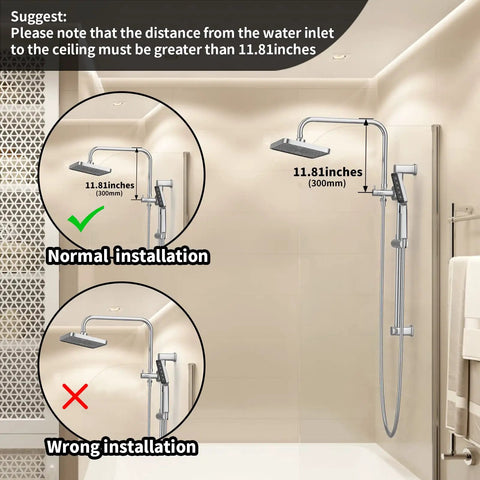 Installation diagram for Dope Spa Like Rain Shower Kit With Handheld 12 Inch Square Rain Head With 14 Inch Extension Arm, showing correct and incorrect installation heights.