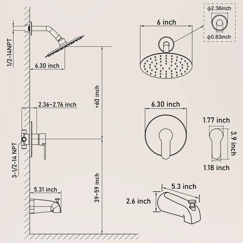Fresh Gold Tub And Shower Faucet Fixture Set Featuring Dope Six Inch Rain Shower Head Plus Top Shelf Solid Brass Valves For Slick Bathroom Upgrades And Easy DIY Installations dimensions diagram