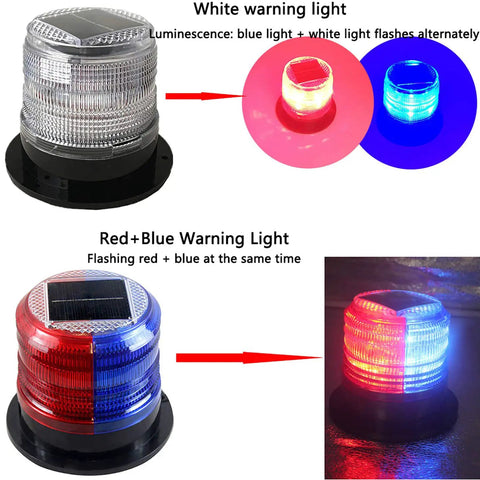 Solar Strobe Warning Light With Strong Magnetic Base Waterproof Outdoor Beacon showcasing red and blue LED illumination.