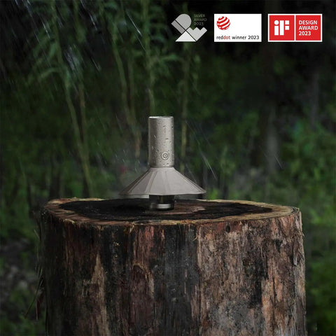 Rechargeable Outdoor Rugged Camping Flashlight Three In One Lantern With 3100mAh Power on tree stump under rain IP66 waterproof