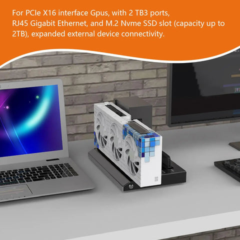 Next Level EGPU Enclosure Thunderbolt 3 Usb4 0 40Gbps External Graphics Dock showing laptop with GPU and connectivity ports.