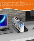 Top Shelf Aluminum eGPU Docking Station With 40Gbps Sync, PCIe X16 Rig, USB4 Thunderbolt 3 Enclosure on a desk with a laptop.