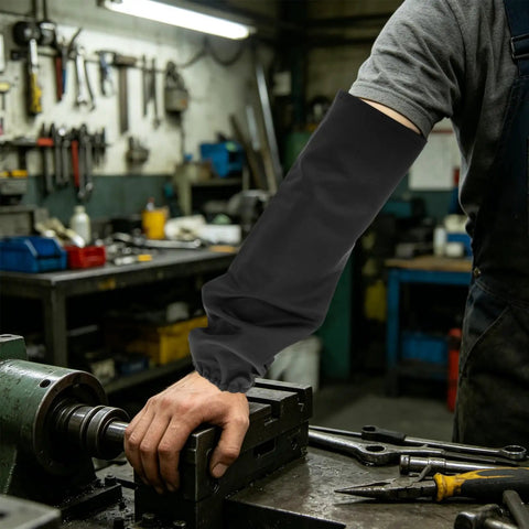 Heavy Duty Fireproof Welding Sleeves Heat Resistant Arm Guards protecting forearm while working on machinery in workshop.