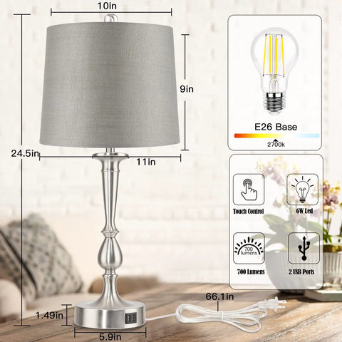 Set Of 2 Touch Control Table Lamps With Dual USB Charging Ports, 3 Way Dimmable, Nickel Finish, Grey Fabric Drum Shades