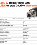 Nema 17 Stepper Motor with 13.73:1 Planetary Gearbox specs and image, featuring electrical parameters and motor details.