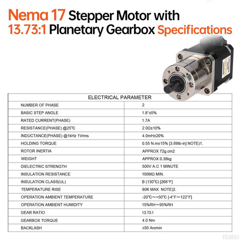 Nema 17 Stepper Motor with 13.73:1 Planetary Gearbox specs and image, featuring electrical parameters and motor details.