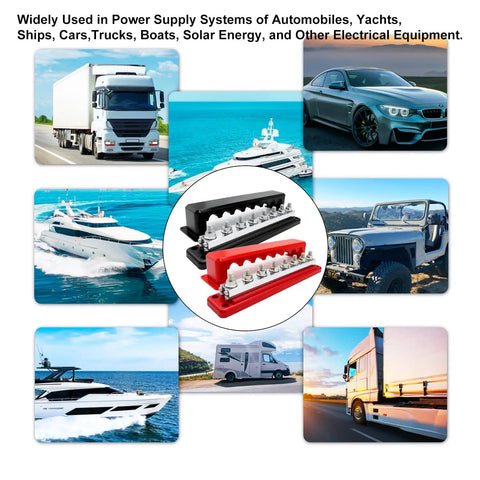 Heavy Duty 600A Battery Busbar 12 To 48V DC Power Distribution Block featuring nickel plated copper amidst vehicles and boats.