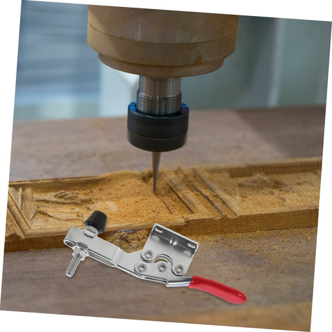 Two Pack Quick Toggle Clamps For Woodworking And Assembly Projects with zinc finish and red handles in use during milling