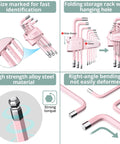 Illustration of Pink 9-Piece Allen Key Set With Long Ball End Cr-V Wrenches, showing features and folding storage rack