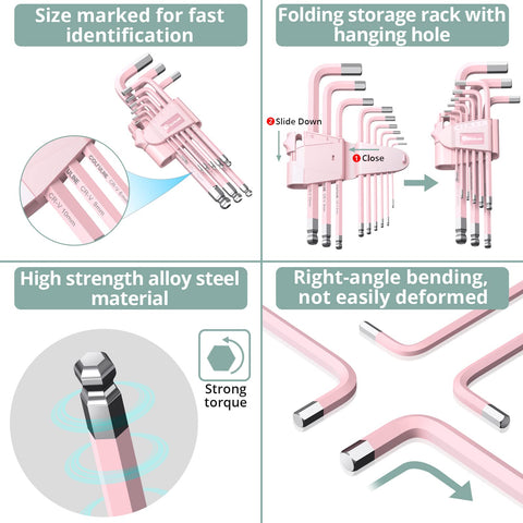 Illustration of Pink 9-Piece Allen Key Set With Long Ball End Cr-V Wrenches, showing features and folding storage rack