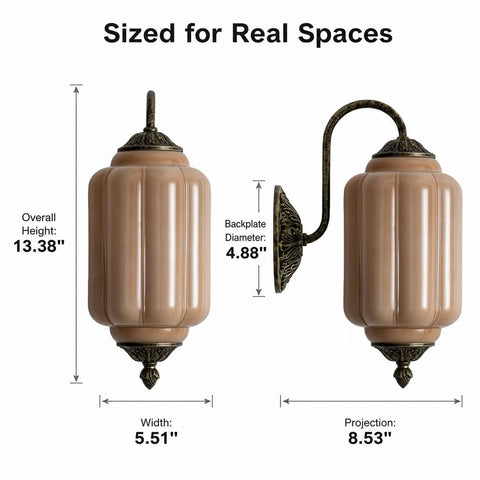RONGHUAFUGUI Vintage Modern Wall Sconce with Amber Glass dimensions 13.38" height, 5.51" width, with decorative curved arm.